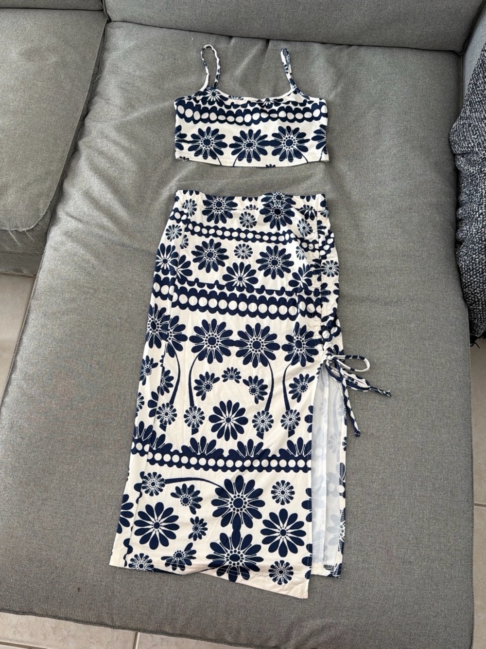 2pc womens summer set Floral Print Navy and White Midi Skirt and crop top